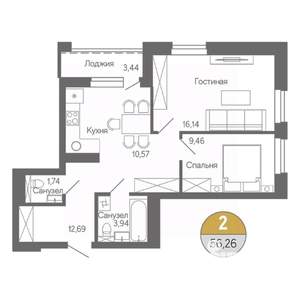 2-к квартира, строящийся дом, 56м2, 16/18 этаж