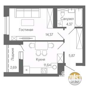 1-к квартира, строящийся дом, 38м2, 7/18 этаж