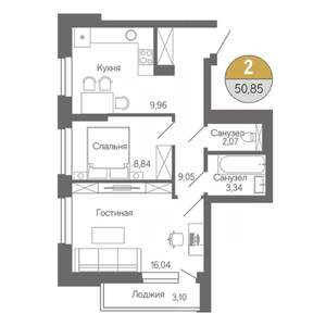2-к квартира, строящийся дом, 51м2, 16/18 этаж