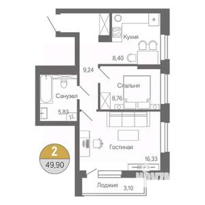 2-к квартира, строящийся дом, 50м2, 4/18 этаж