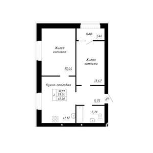2-к квартира, строящийся дом, 63м2, 13/14 этаж