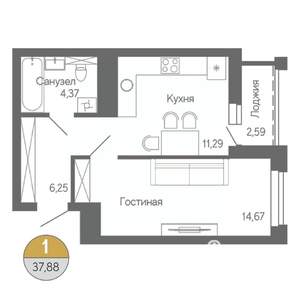 1-к квартира, строящийся дом, 38м2, 5/18 этаж