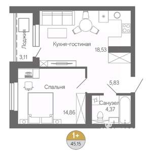 1-к квартира, строящийся дом, 45м2, 12/18 этаж