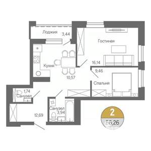 2-к квартира, строящийся дом, 56м2, 11/18 этаж