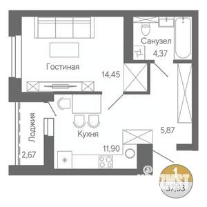 1-к квартира, строящийся дом, 38м2, 16/18 этаж