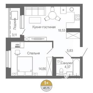 1-к квартира, строящийся дом, 45м2, 3/18 этаж
