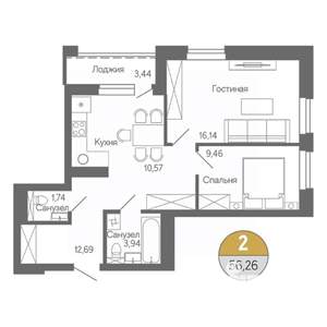 2-к квартира, строящийся дом, 56м2, 4/18 этаж