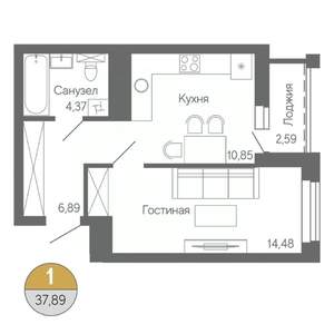 1-к квартира, строящийся дом, 38м2, 13/18 этаж