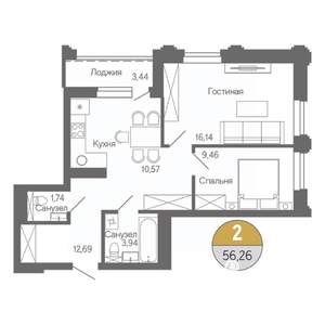 2-к квартира, строящийся дом, 56м2, 2/18 этаж