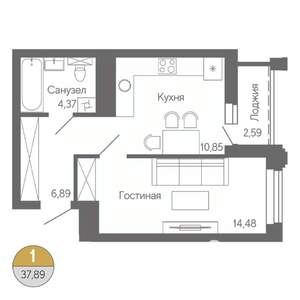 1-к квартира, строящийся дом, 38м2, 2/18 этаж