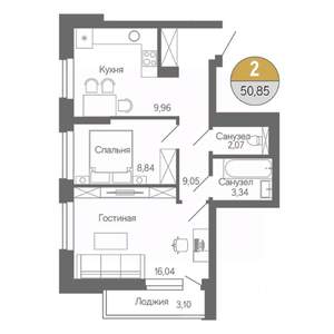 2-к квартира, строящийся дом, 51м2, 11/18 этаж
