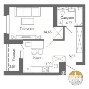 1-к квартира, строящийся дом, 38м2, 13/18 этаж
