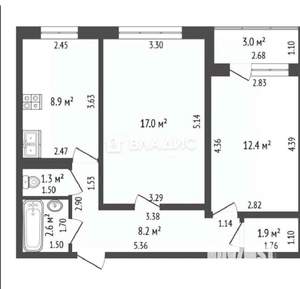 2-к квартира, вторичка, 52м2, 9/9 этаж