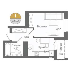 1-к квартира, строящийся дом, 34м2, 13/18 этаж