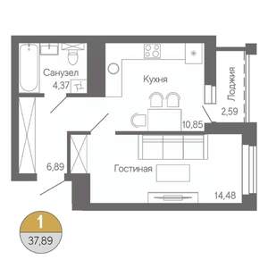 1-к квартира, строящийся дом, 38м2, 12/18 этаж