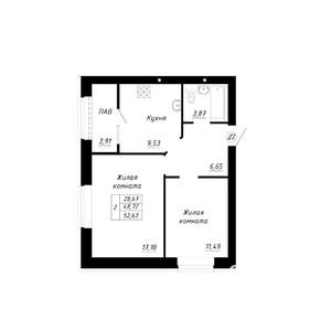 2-к квартира, строящийся дом, 53м2, 12/14 этаж