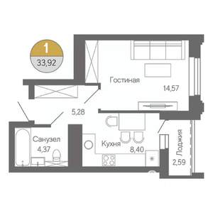 1-к квартира, строящийся дом, 34м2, 2/18 этаж