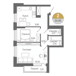 2-к квартира, строящийся дом, 51м2, 10/18 этаж