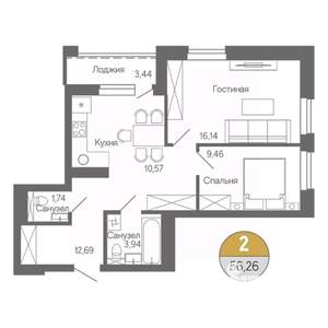 2-к квартира, строящийся дом, 56м2, 17/18 этаж