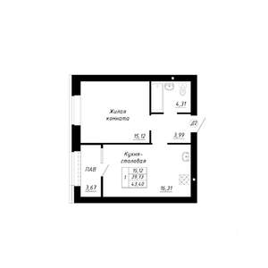 1-к квартира, строящийся дом, 43м2, 12/14 этаж