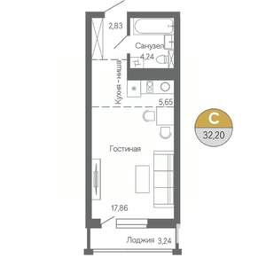 Студия квартира, строящийся дом, 32м2, 17/18 этаж