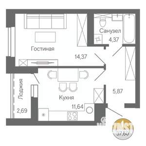 1-к квартира, строящийся дом, 38м2, 6/18 этаж