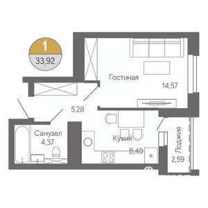 1-к квартира, строящийся дом, 34м2, 16/18 этаж