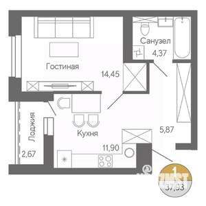 1-к квартира, строящийся дом, 38м2, 17/18 этаж