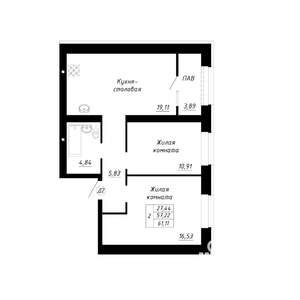 2-к квартира, строящийся дом, 61м2, 12/14 этаж