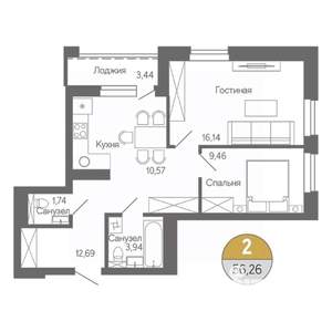 2-к квартира, строящийся дом, 56м2, 12/18 этаж