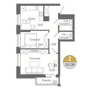 2-к квартира, строящийся дом, 50м2, 10/18 этаж