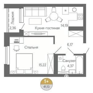 1-к квартира, строящийся дом, 41м2, 9/18 этаж