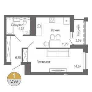 1-к квартира, строящийся дом, 38м2, 12/18 этаж