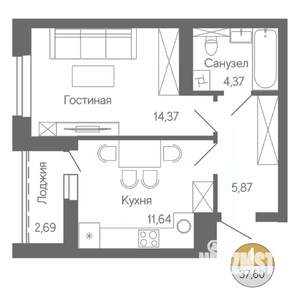 1-к квартира, строящийся дом, 38м2, 9/18 этаж