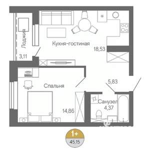 1-к квартира, строящийся дом, 45м2, 5/18 этаж