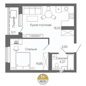 1-к квартира, строящийся дом, 45м2, 8/18 этаж