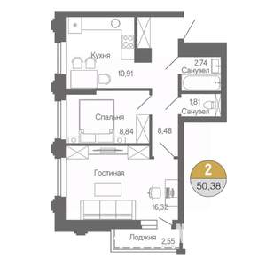 2-к квартира, строящийся дом, 50м2, 2/18 этаж
