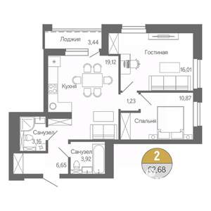 2-к квартира, строящийся дом, 63м2, 8/18 этаж