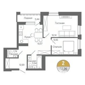 2-к квартира, строящийся дом, 56м2, 3/18 этаж