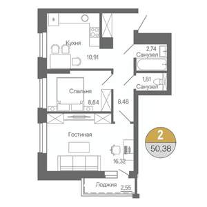 2-к квартира, строящийся дом, 50м2, 11/18 этаж