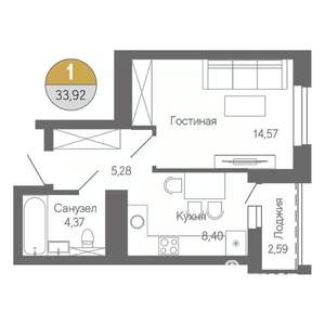 1-к квартира, строящийся дом, 34м2, 14/18 этаж