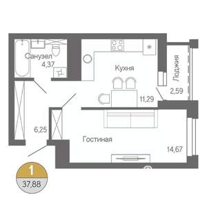 1-к квартира, строящийся дом, 38м2, 15/18 этаж