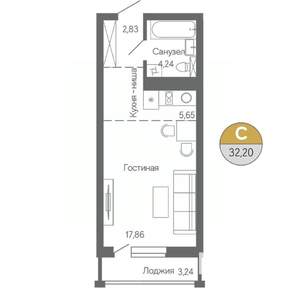 Студия квартира, строящийся дом, 32м2, 13/18 этаж