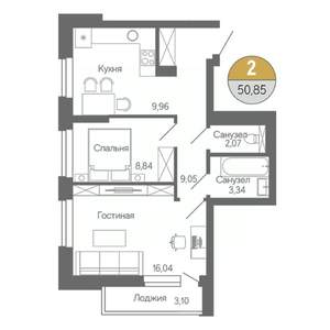 2-к квартира, строящийся дом, 51м2, 12/18 этаж